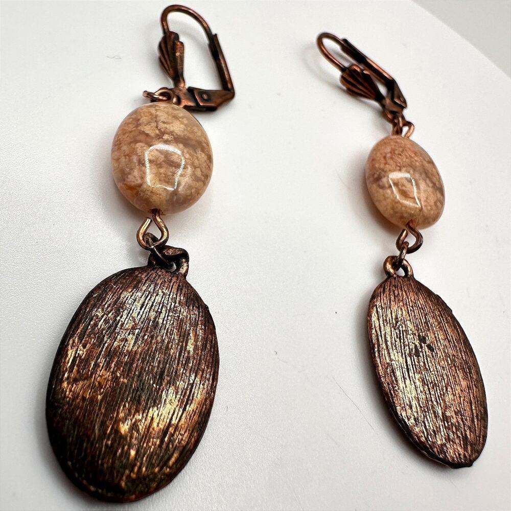 Vintage 90s Copper Tone Oval Drops Earrings Natural Stone Women's Jewelry
